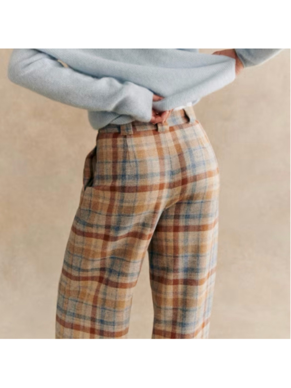 NWT Sezane Loulou Trouser in Tan Blue Plaid Check Wool Wide Leg Pants 36/6 - Picture 3 of 12